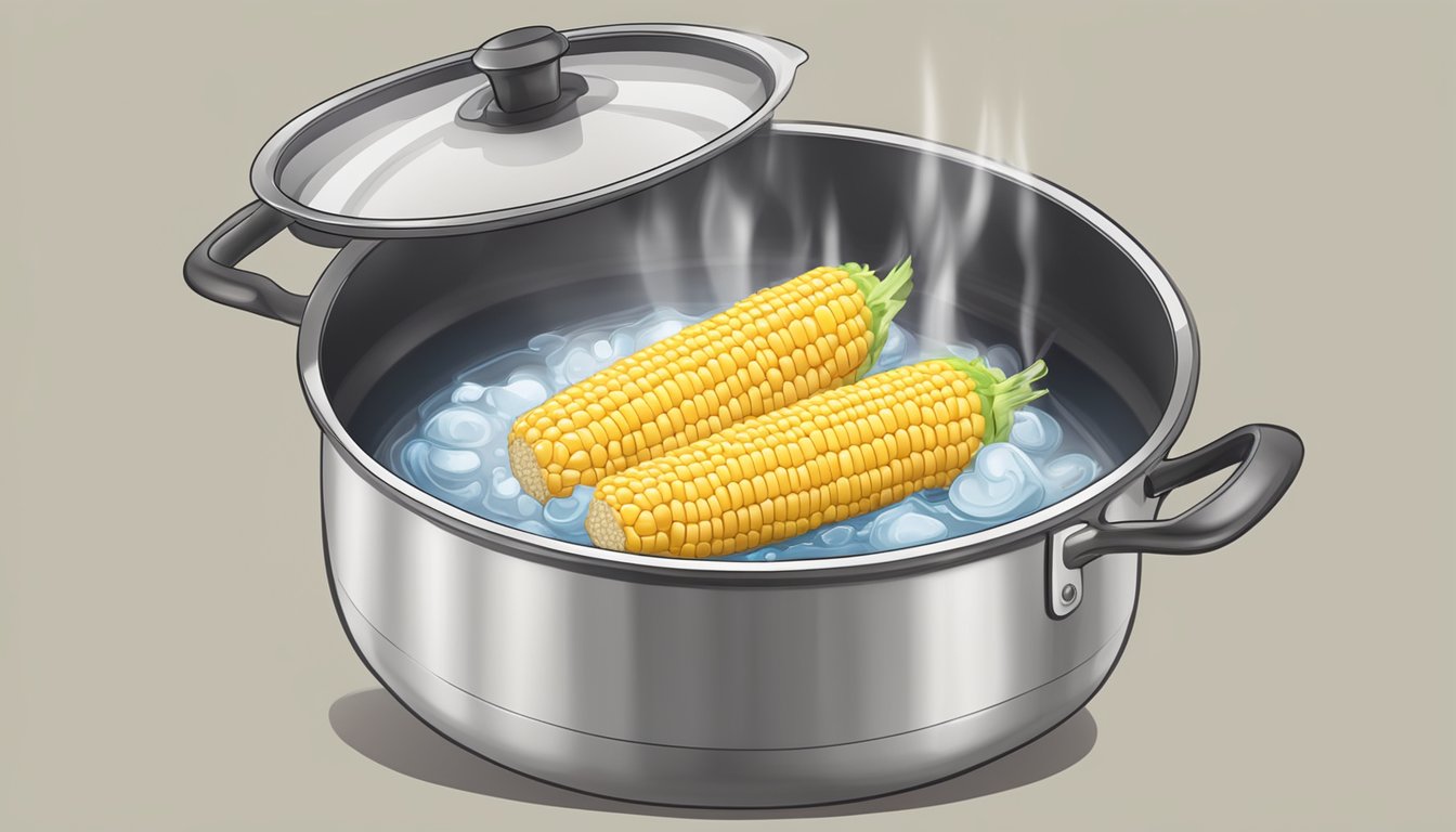 A pot of boiling water with corn on the cob inside, set at 250 degrees