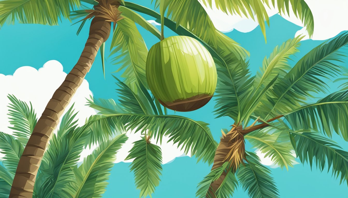 A lush coconut tree with ripe coconuts hanging from its branches, surrounded by vibrant green leaves and a clear blue sky above