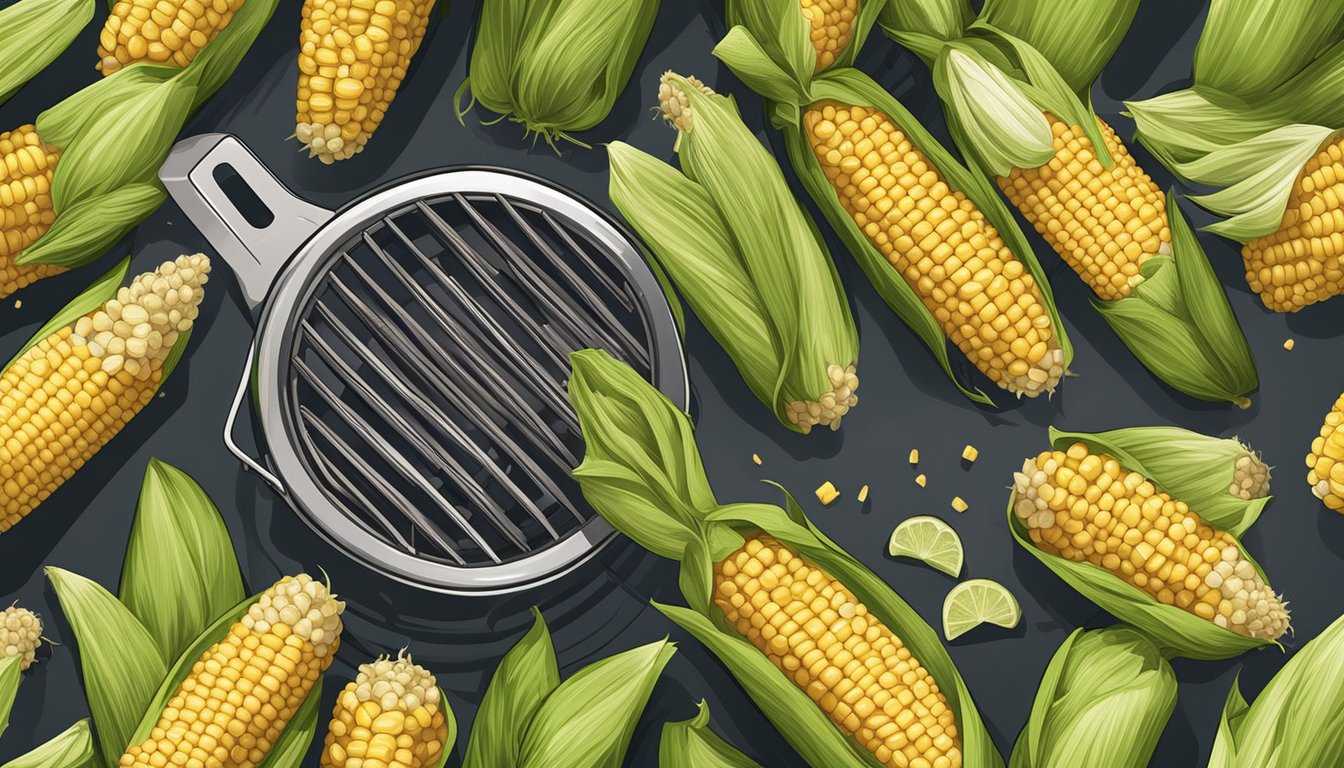 A corn on the cob placed on a grill set at 250 degrees, with smoke rising and a faint aroma in the air