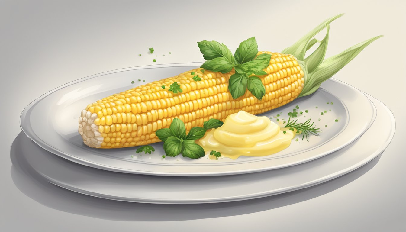 A steaming ear of corn on a white plate, topped with a dollop of butter and sprinkled with fresh herbs