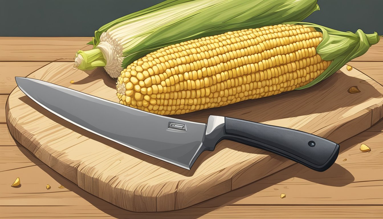 A cob of corn with husk partially peeled, sitting on a wooden cutting board next to a chef's knife