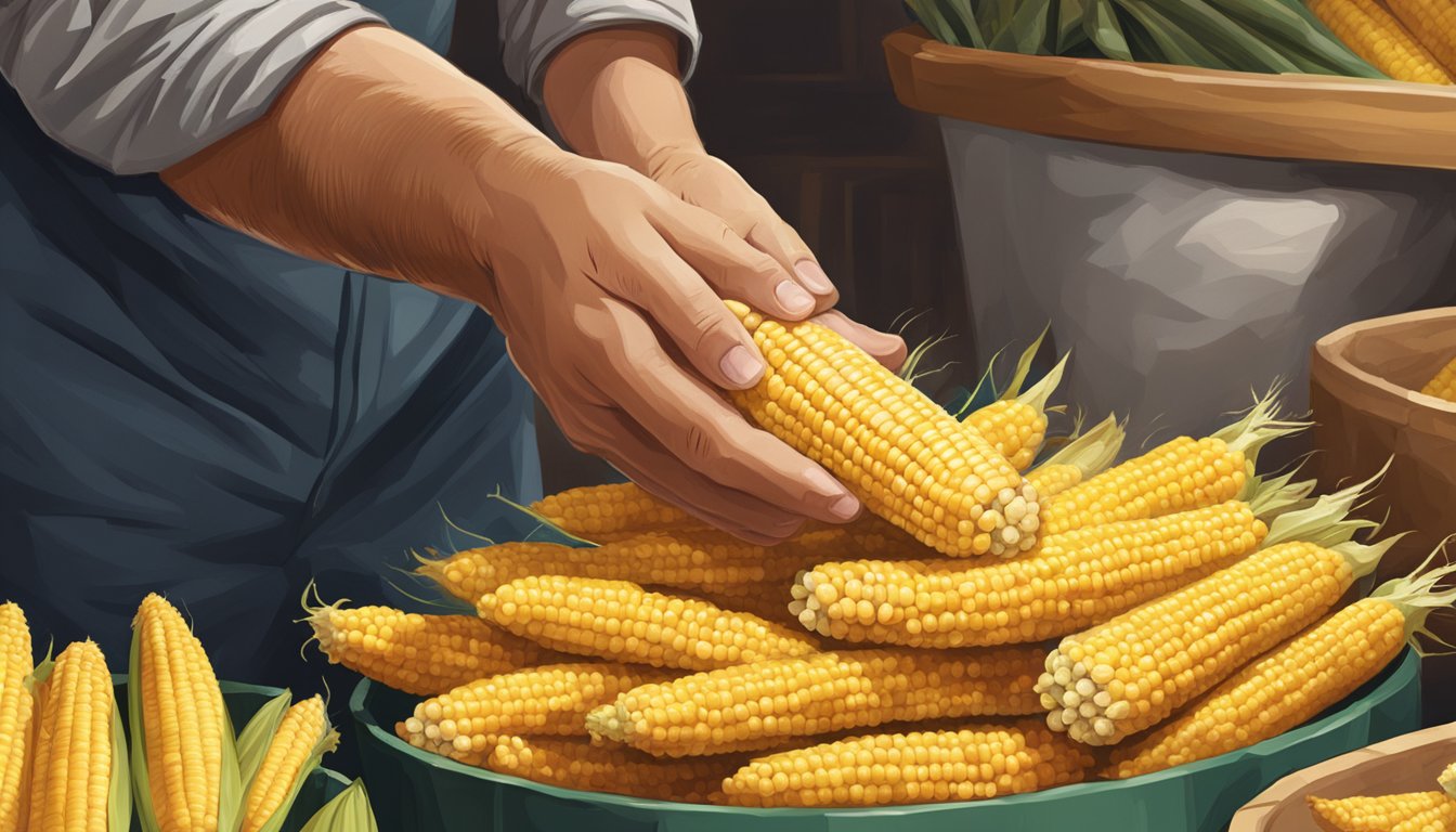 A hand reaching for a fresh ear of corn from a pile at a market stall