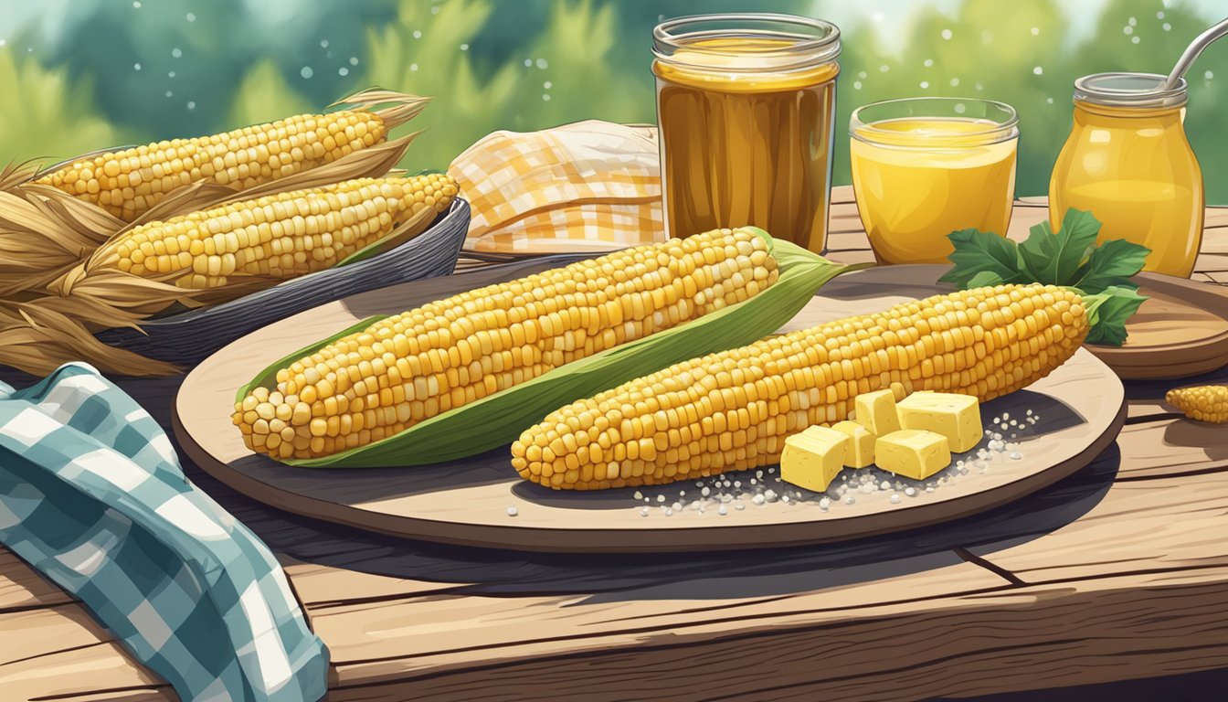 A rustic wooden table with a grilled corn on the cob, a pat of butter, and a sprinkle of salt, set against a backdrop of a summer picnic