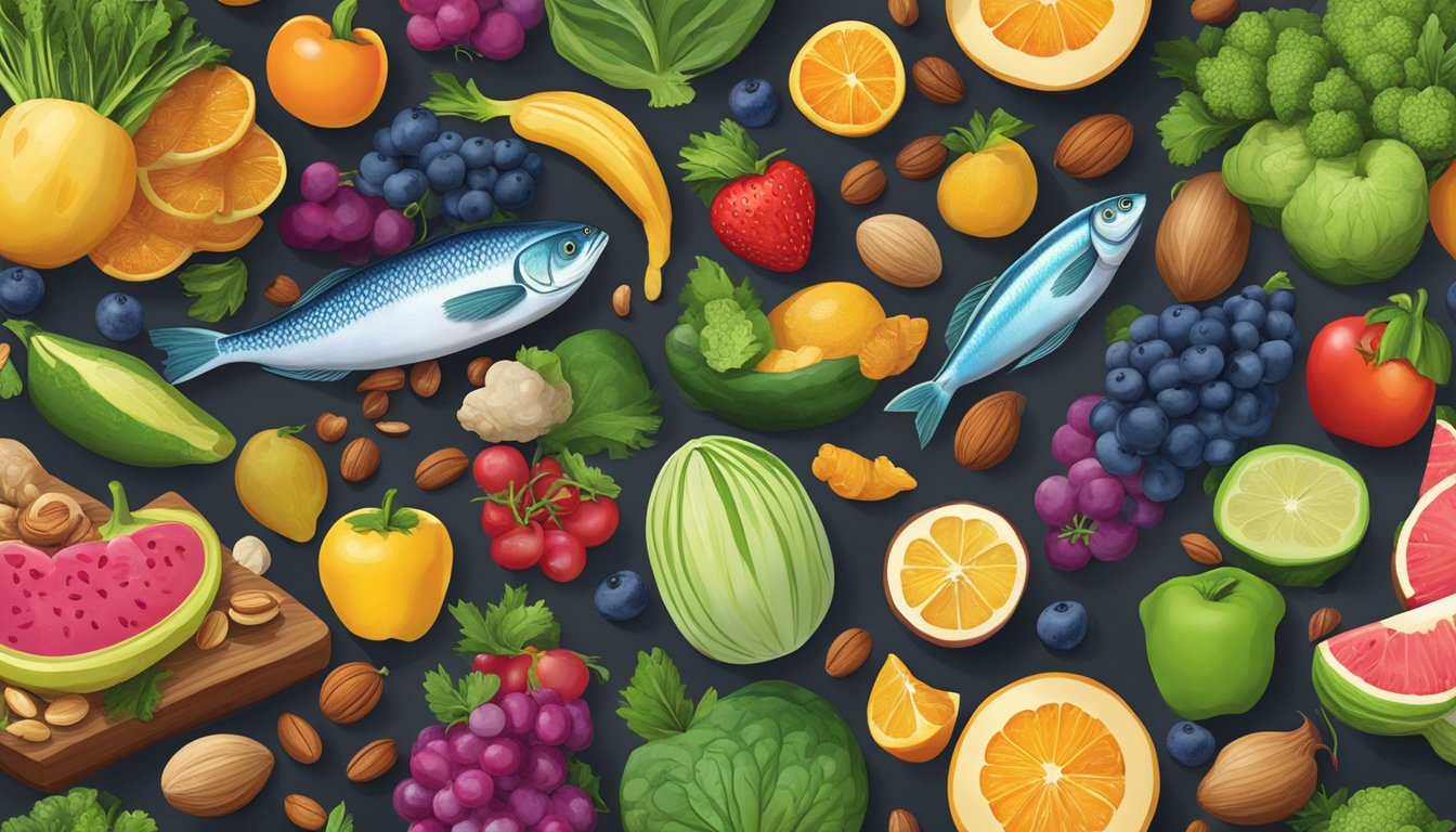 A colorful array of fruits, vegetables, nuts, and fish arranged on a wooden table, with a glowing brain in the center