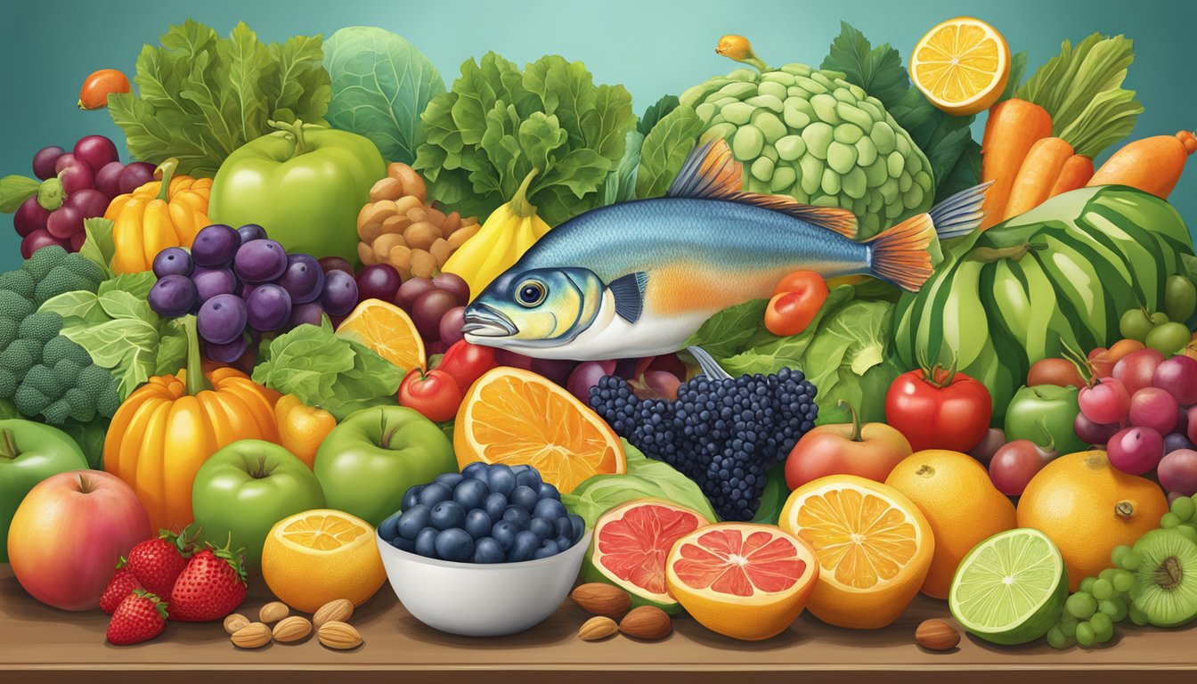 A colorful array of fruits, vegetables, nuts, and fish arranged on a table, with a brain model in the center