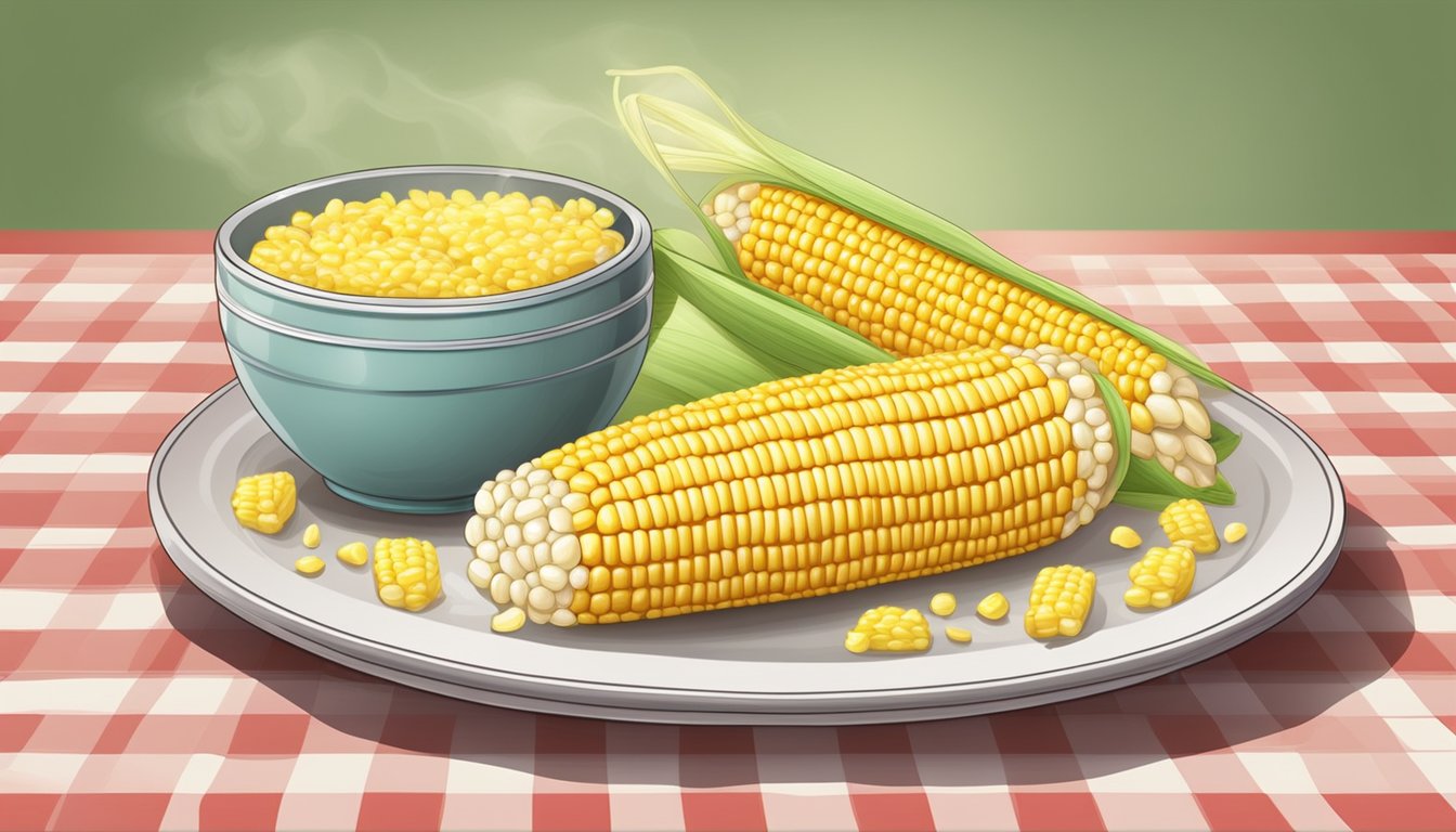 A platter with steaming corn on the cob, brushed with butter and sprinkled with seasoning, set on a checkered tablecloth