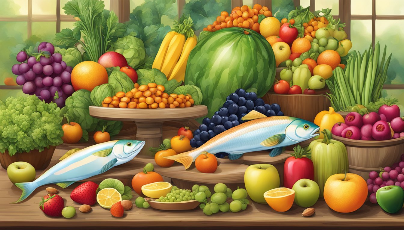 A table with a variety of colorful fruits, vegetables, nuts, and fish arranged in an appealing display