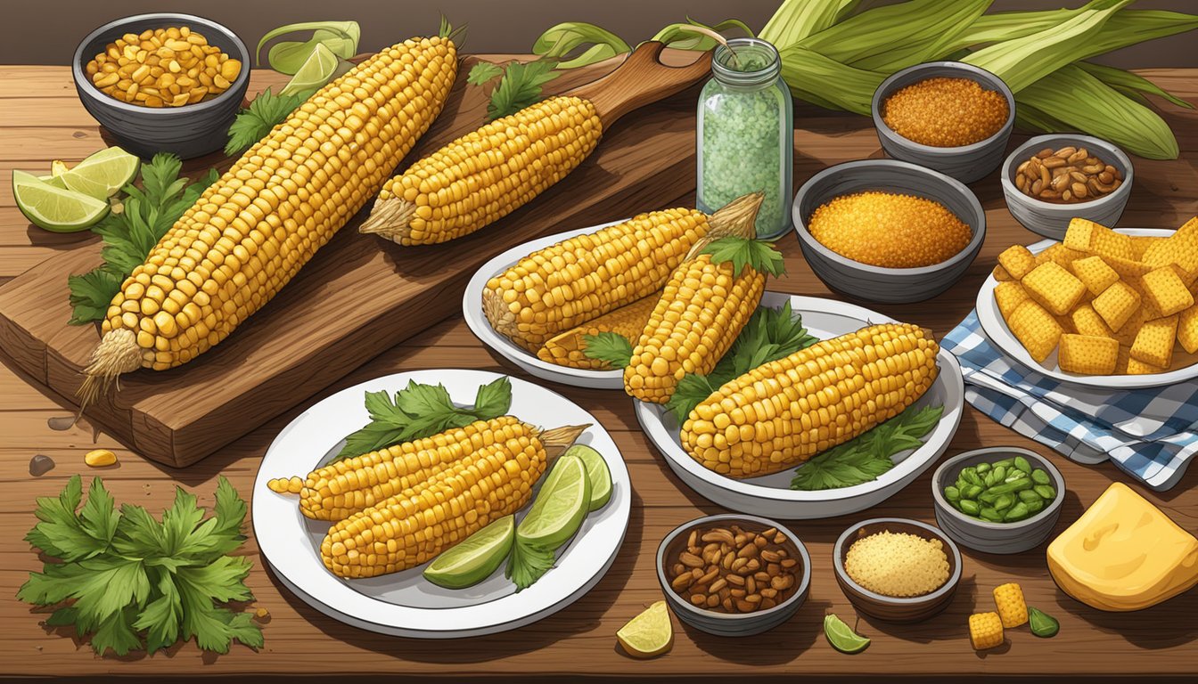 A rustic wooden table with grilled corn on the cob, surrounded by various regional specialty toppings and seasonings