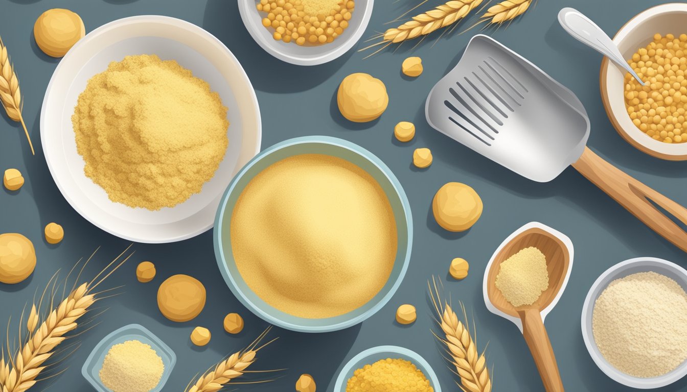 A bowl of chickpea flour next to a bowl of wheat flour, surrounded by various ingredients and kitchen utensils