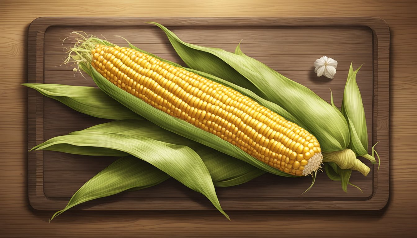 A golden ear of corn on a cob, steaming at 300 degrees, placed on a rustic wooden serving board