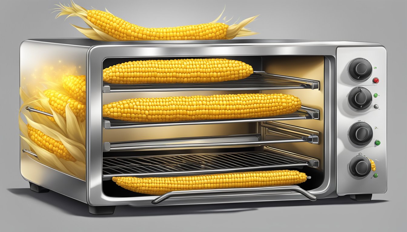 A golden ear of corn on the cob roasting in a 350-degree oven