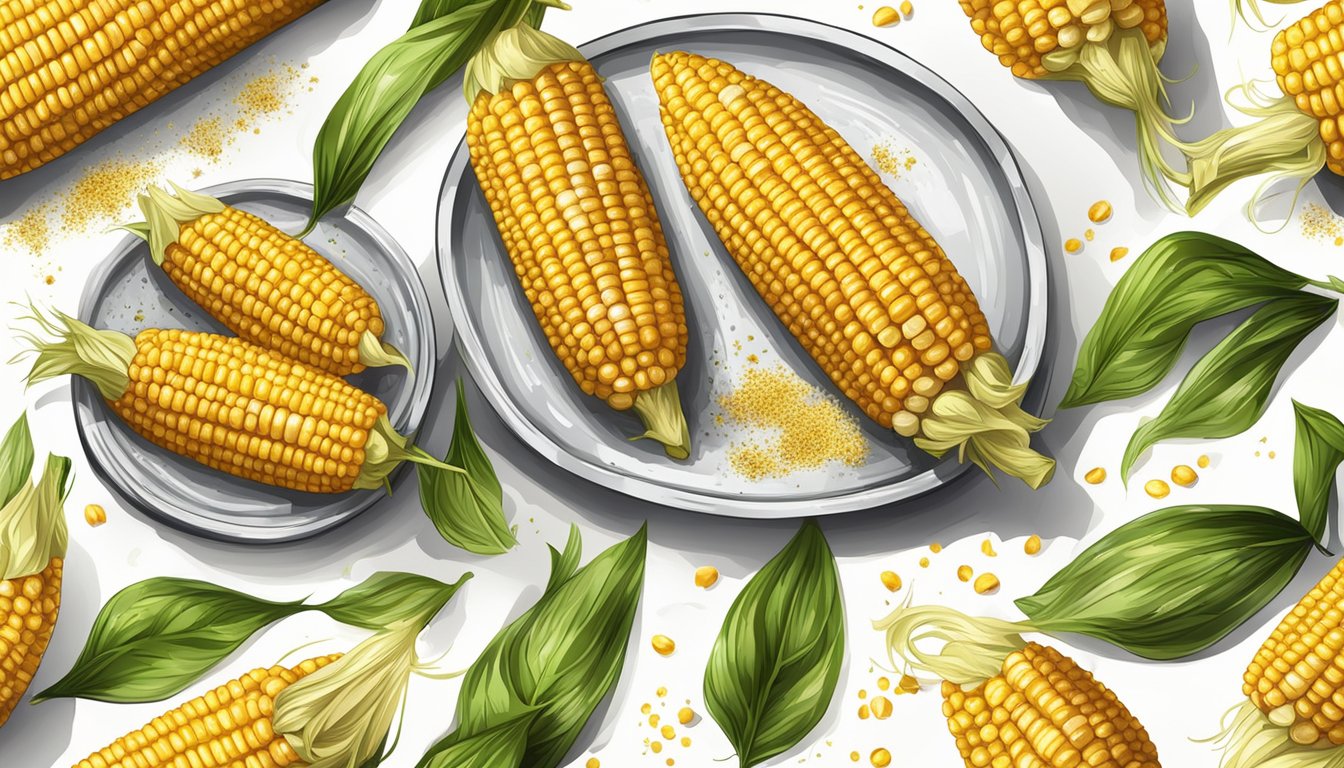 A grilled corn on the cob with a sprinkle of seasoning on a plate