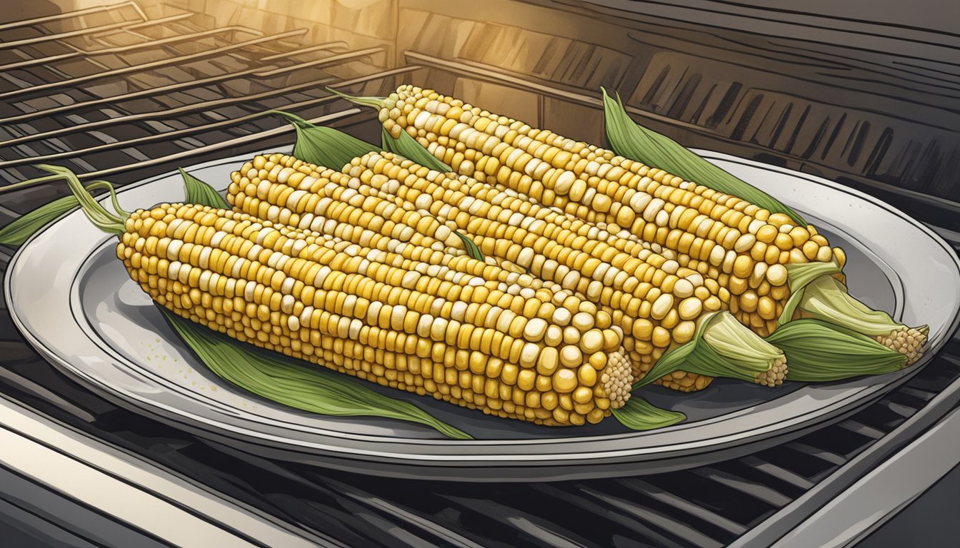 A plate of corn on the cob sits in an oven set to 300 degrees