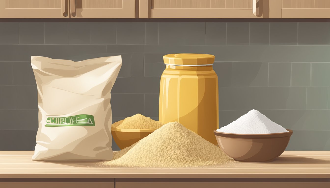 A kitchen scene with a bag of chickpea flour next to a bag of wheat flour. Various cooking utensils and storage containers are arranged nearby