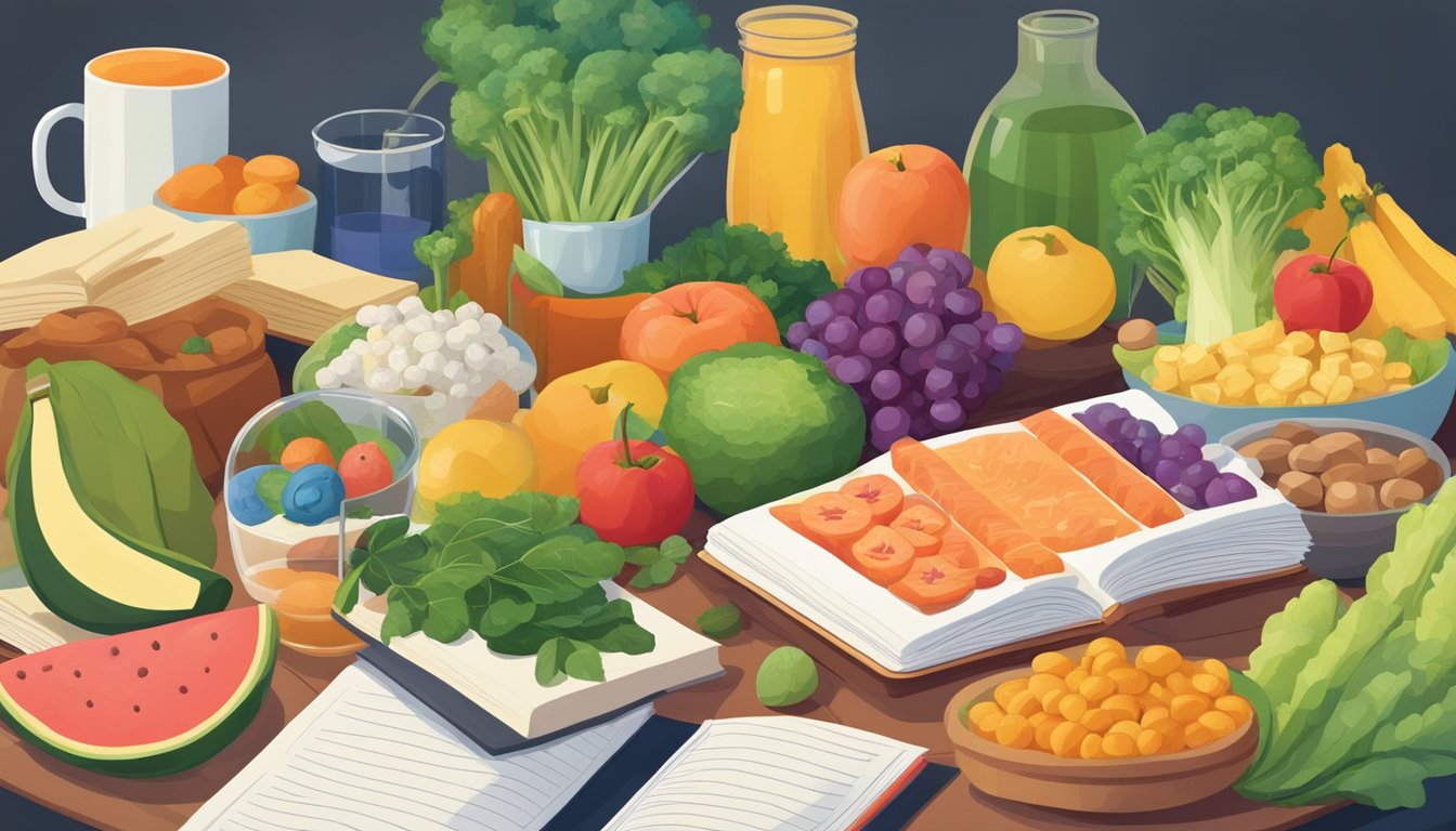 A table with a variety of colorful and nutritious foods arranged in an appealing manner, surrounded by books and scientific journals on cognitive functioning