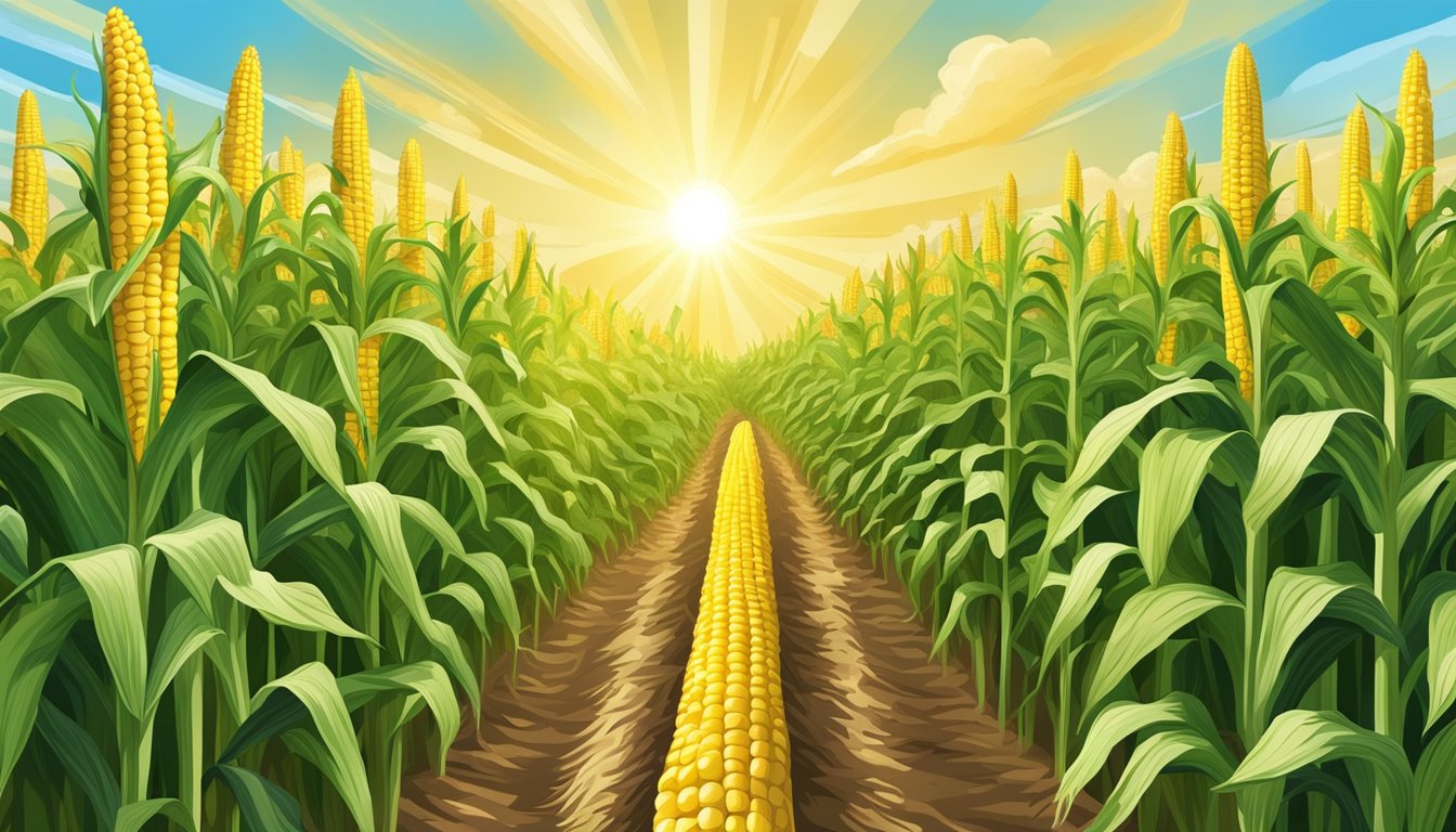 A field of ripe corn on the cob under a sunny sky, with a temperature of 300 degrees