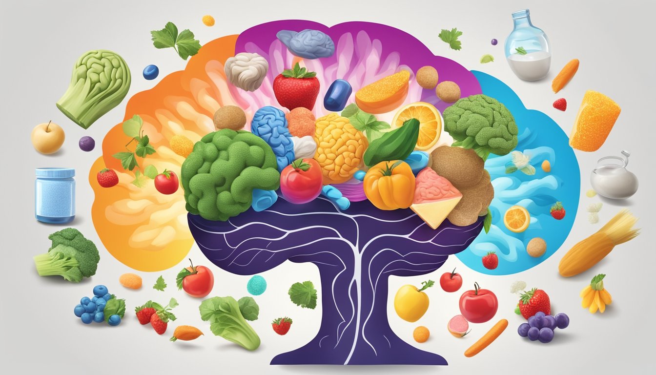 A colorful array of supplements and brain-shaped foods swirling around a glowing brain, symbolizing the myth of "brain food" and its impact on brain function