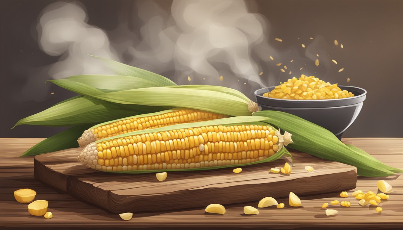 A rustic wooden table with a pile of freshly grilled corn on the cob, surrounded by husks and a hint of steam rising