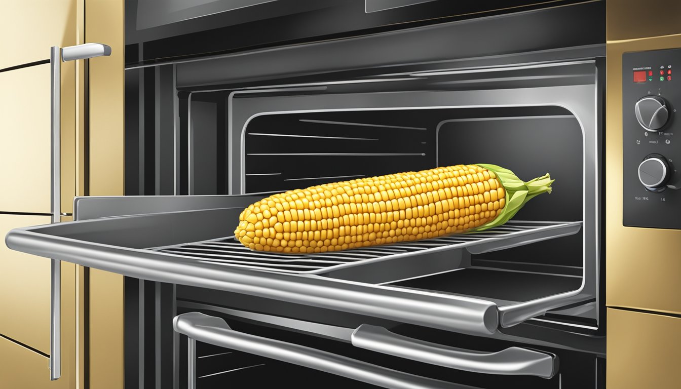 A golden ear of corn on the cob roasting in a 350-degree oven