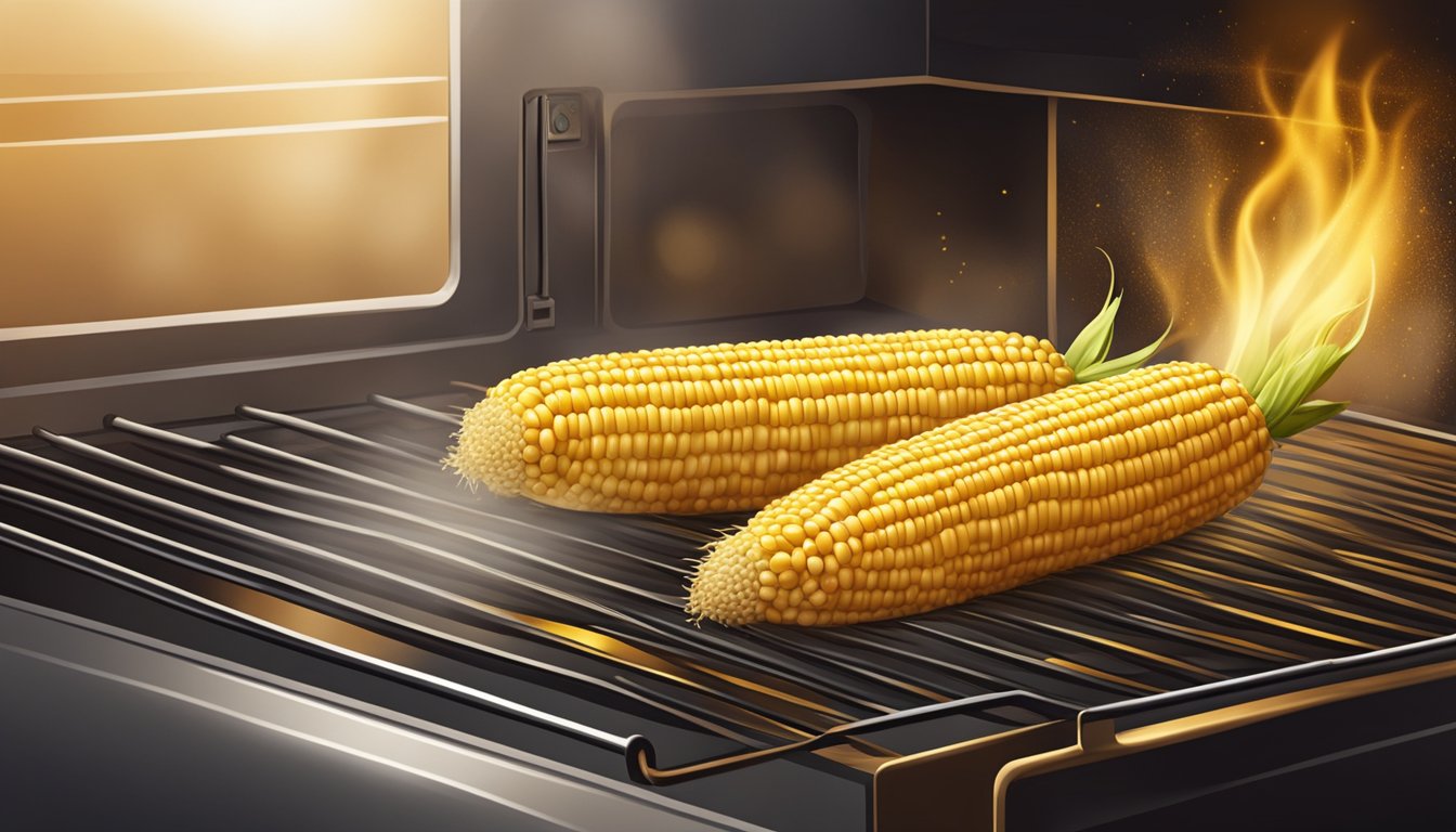 A golden ear of corn roasting in a hot oven at 300 degrees