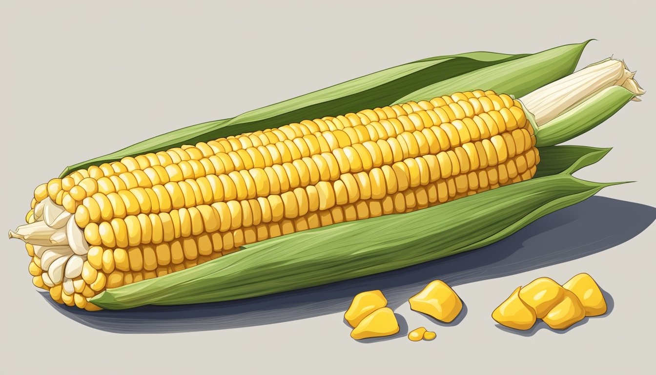 An ear of corn on the cob with husk partially peeled back, surrounded by loose kernels