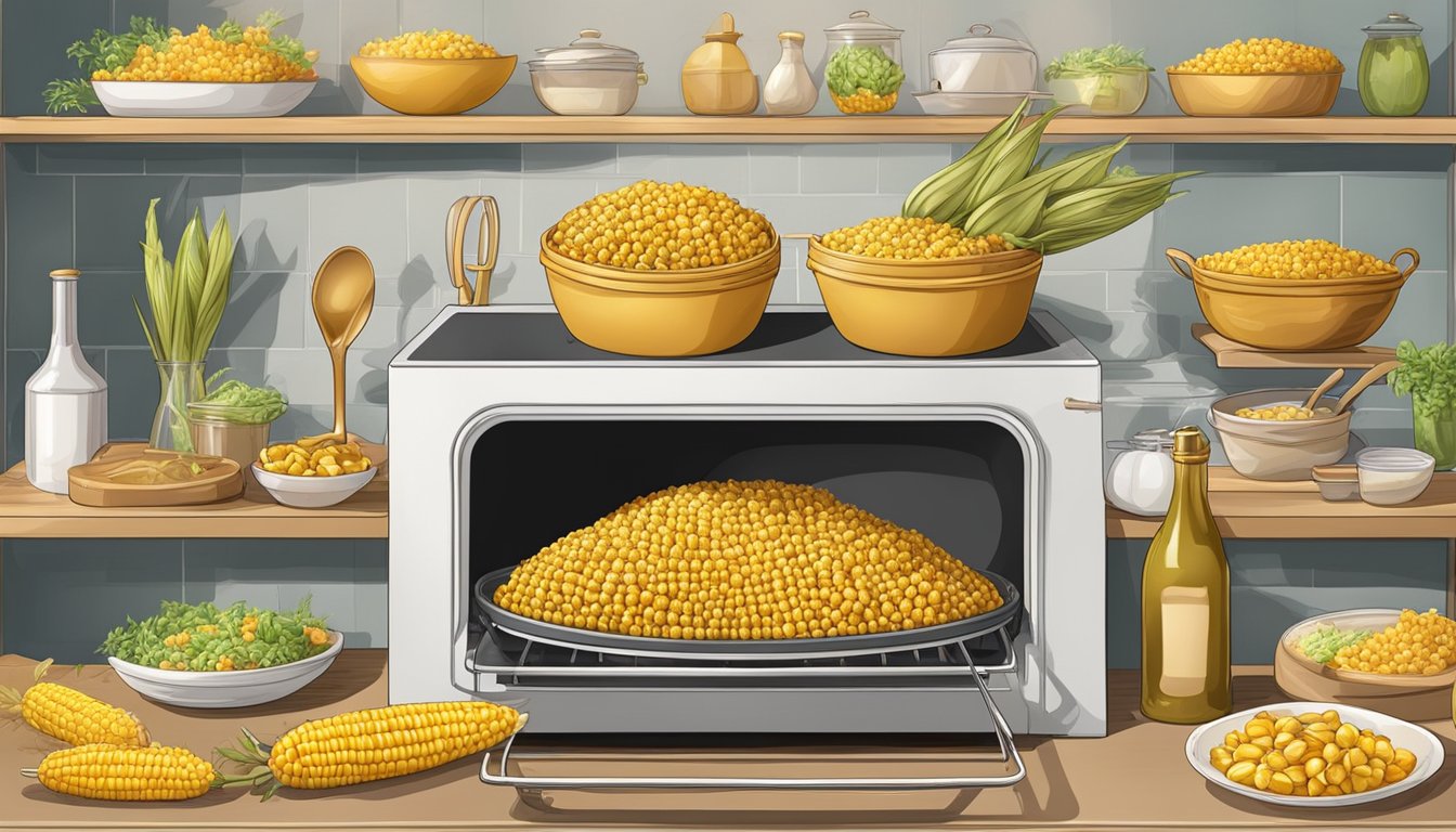 A golden ear of corn roasting in a 350-degree oven, surrounded by variations and related dishes