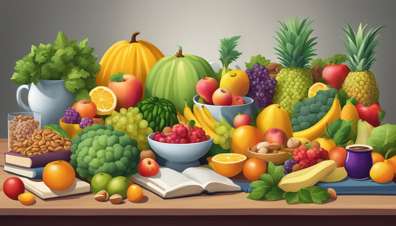 A table filled with colorful fruits, vegetables, and nuts arranged in an enticing display, surrounded by books and articles on cognitive health and nutrition