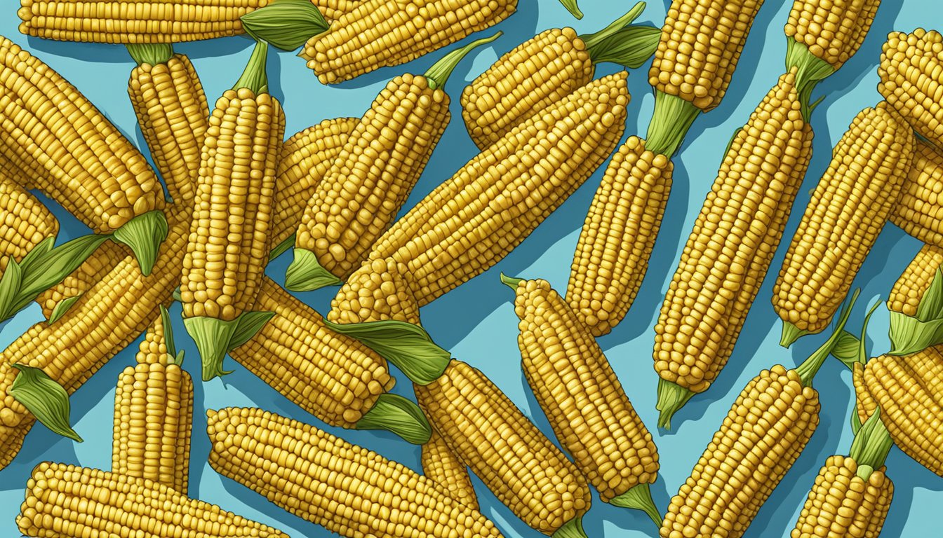 A golden ear of corn on the cob sits on a baking sheet in a 350-degree oven