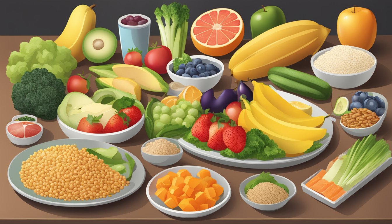 A plate of balanced food items, including fruits, vegetables, whole grains, and lean proteins, arranged in a visually appealing manner