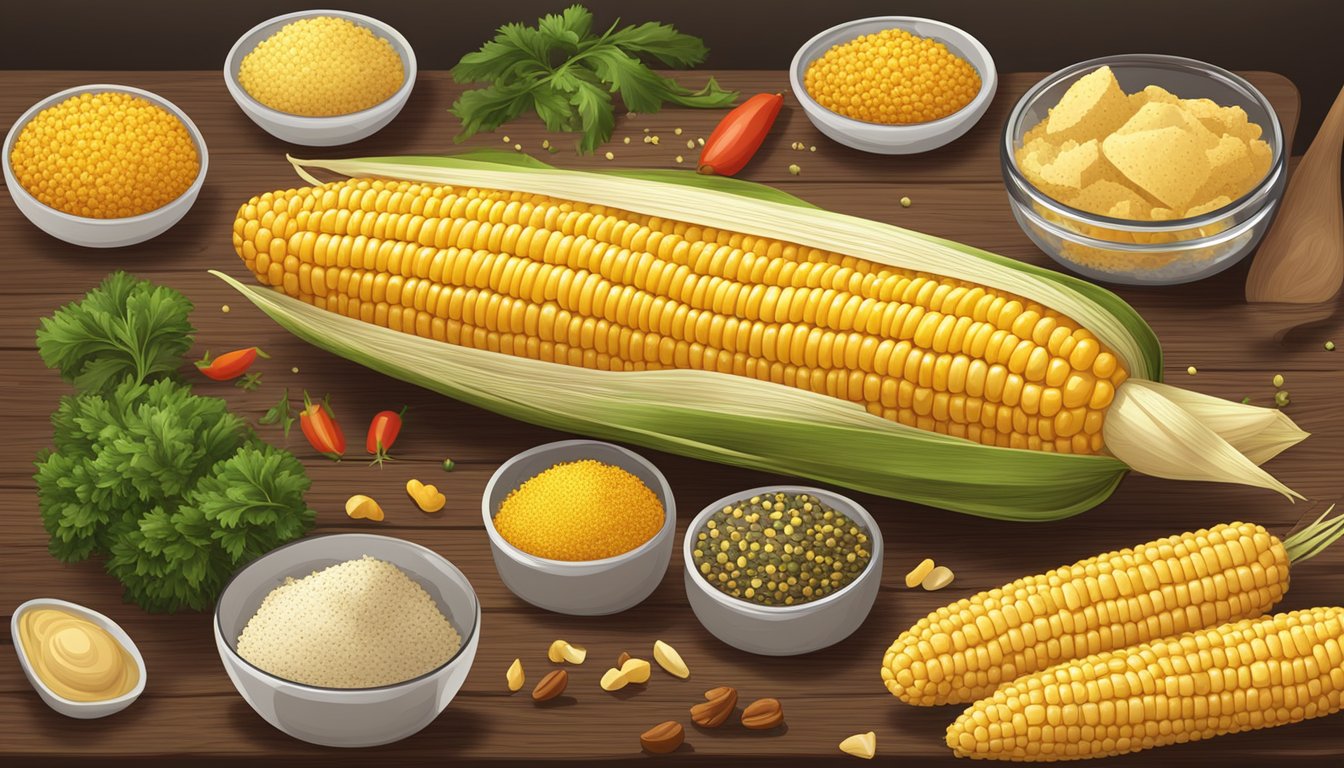 A cob of corn surrounded by various seasonings and toppings on a wooden table