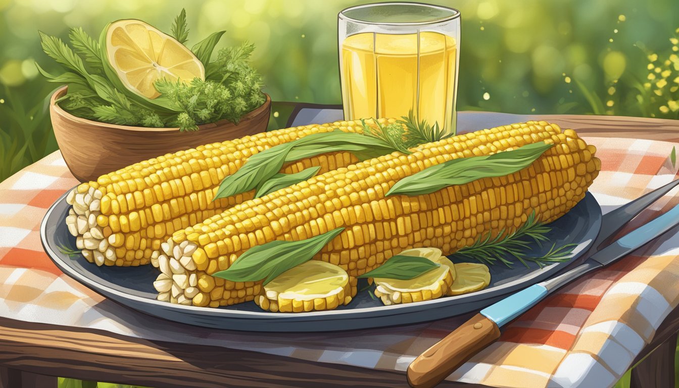 A rustic wooden table with a grilled corn on the cob, topped with melted butter and sprinkled with herbs, set against a backdrop of a summer picnic