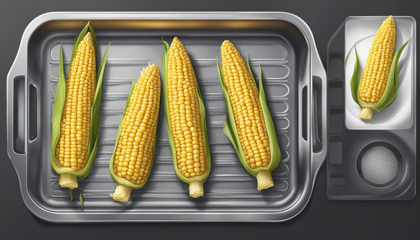 A corn on the cob sits on a baking tray inside a preheated oven at 300 degrees