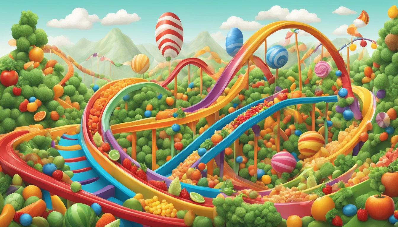 A roller coaster track with peaks and valleys made of food items like candy, fruits, and vegetables, symbolizing the fluctuation of blood sugar levels