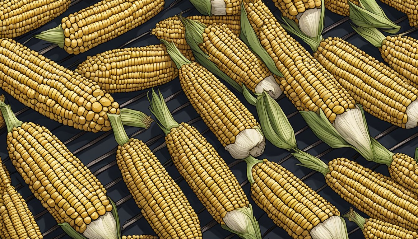 Fresh corn on the cob sits on a smoker rack at 350 degrees, surrounded by various seasonings and flavorings ready to be sprinkled on