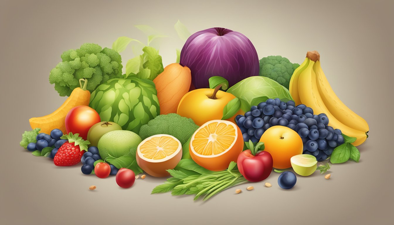 A variety of colorful fruits, vegetables, grains, and proteins arranged in a balanced and harmonious composition