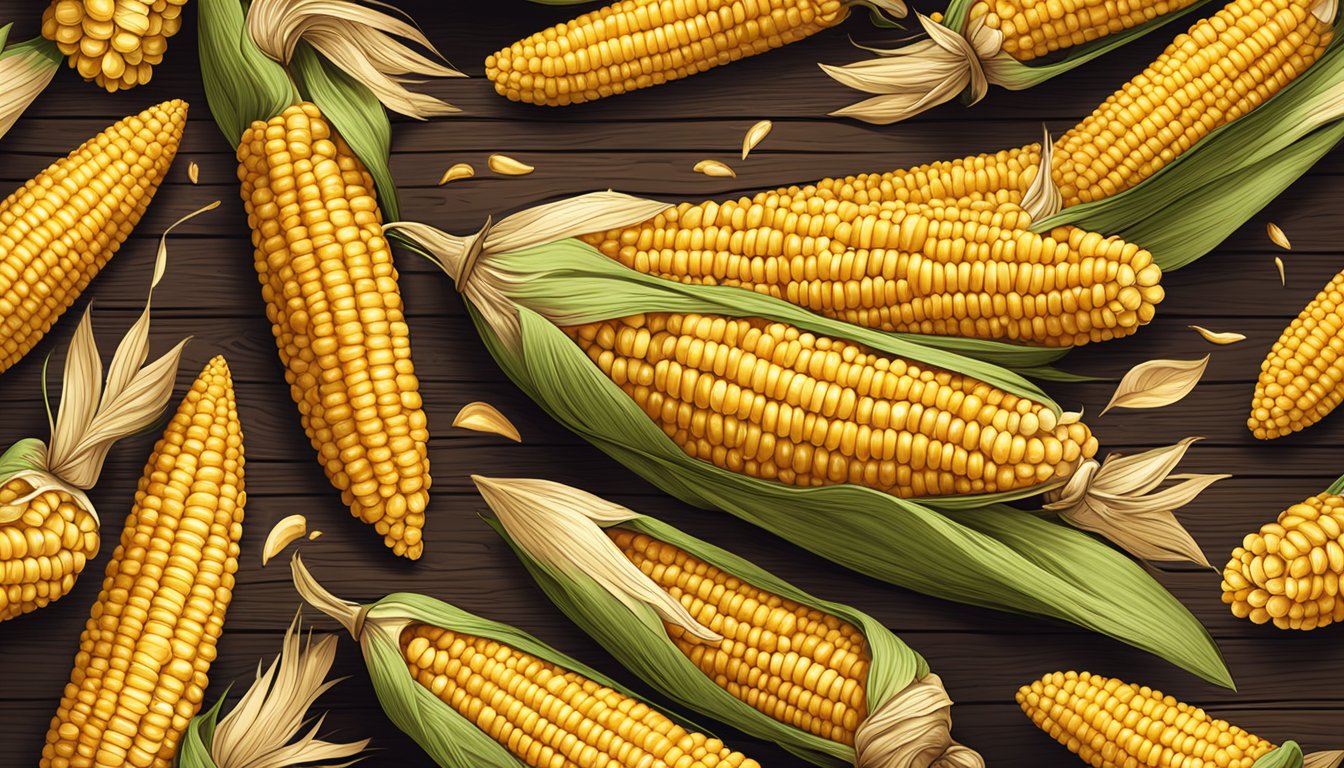 A pile of golden corn on the cob, with husks peeled back, sits on a rustic wooden table