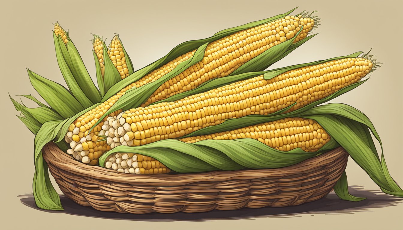 A pile of fresh corn on the cob in a rustic basket