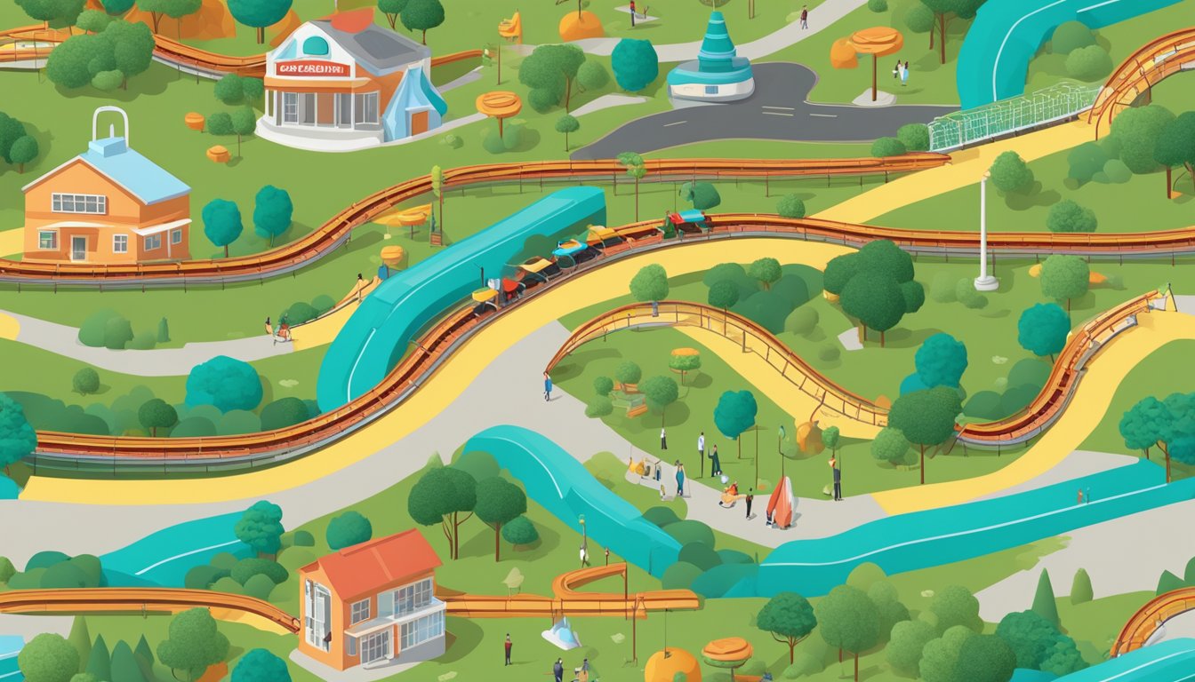 A roller coaster track winding through a landscape of healthy foods and exercise equipment, with blood sugar levels depicted as a smooth, stable line