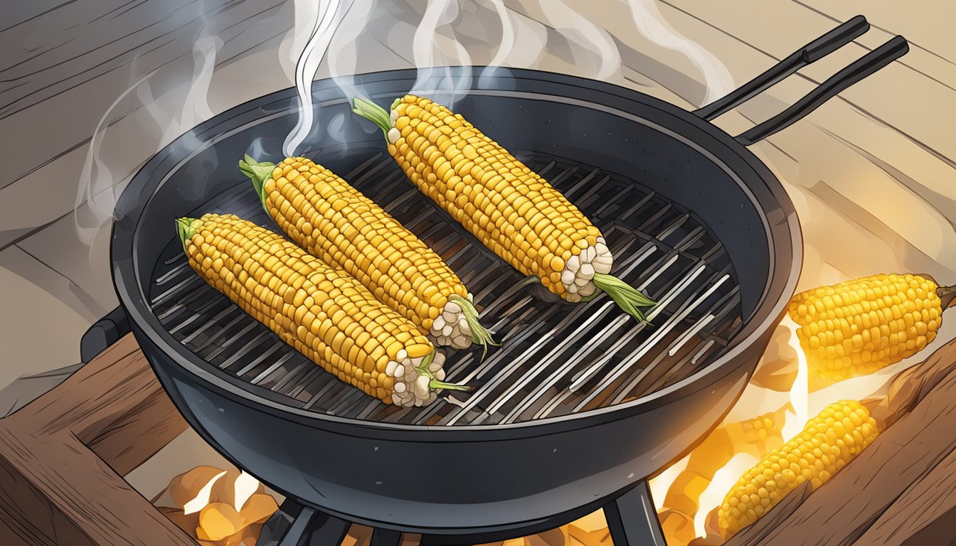 A smoking grill with corn on the cob cooking at 350 degrees