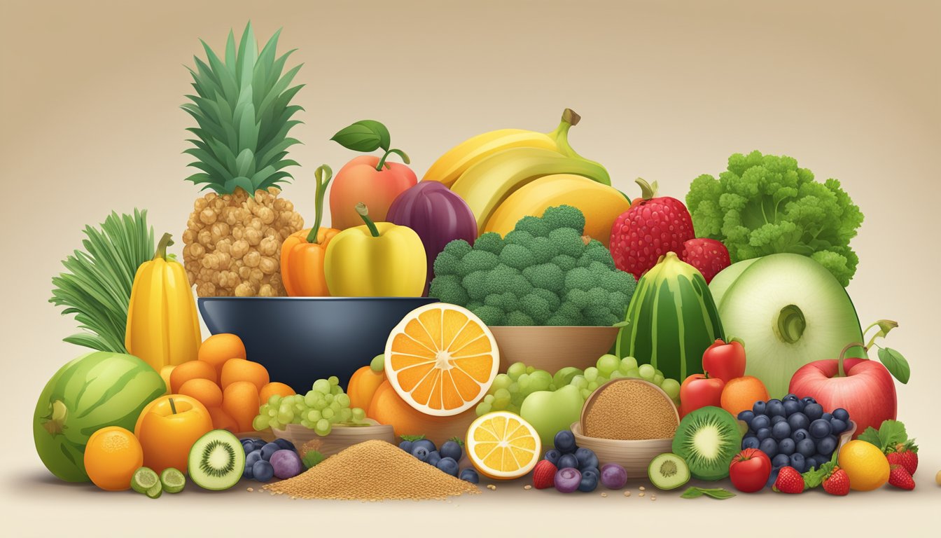 A colorful array of fruits, vegetables, and whole grains arranged on a table, with a scale tipping towards the alkaline side