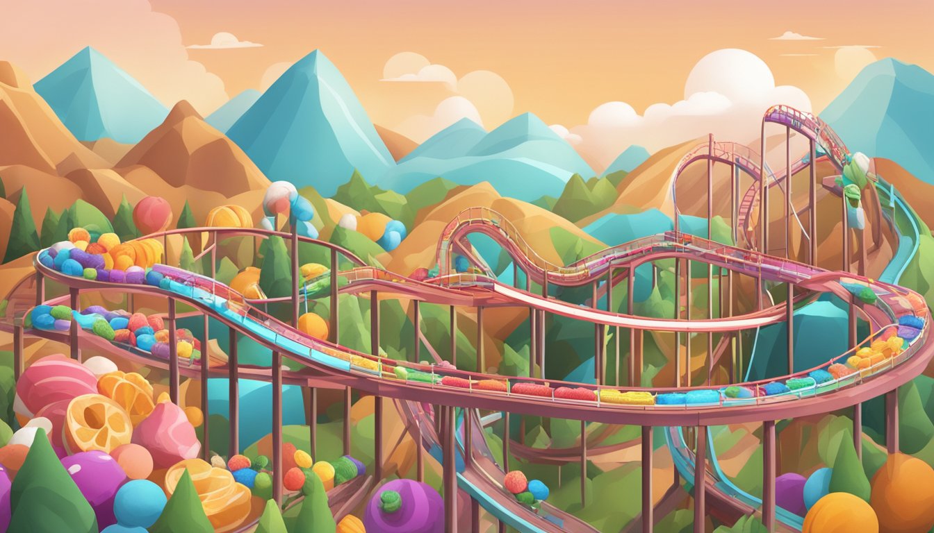 A roller coaster track winding through a landscape of sugary treats and healthy foods, with blood sugar levels graphed in the background