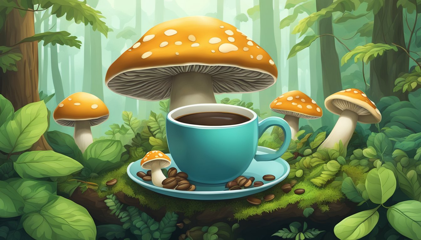 A serene forest with mushrooms and coffee beans growing together, surrounded by lush greenery and wildlife