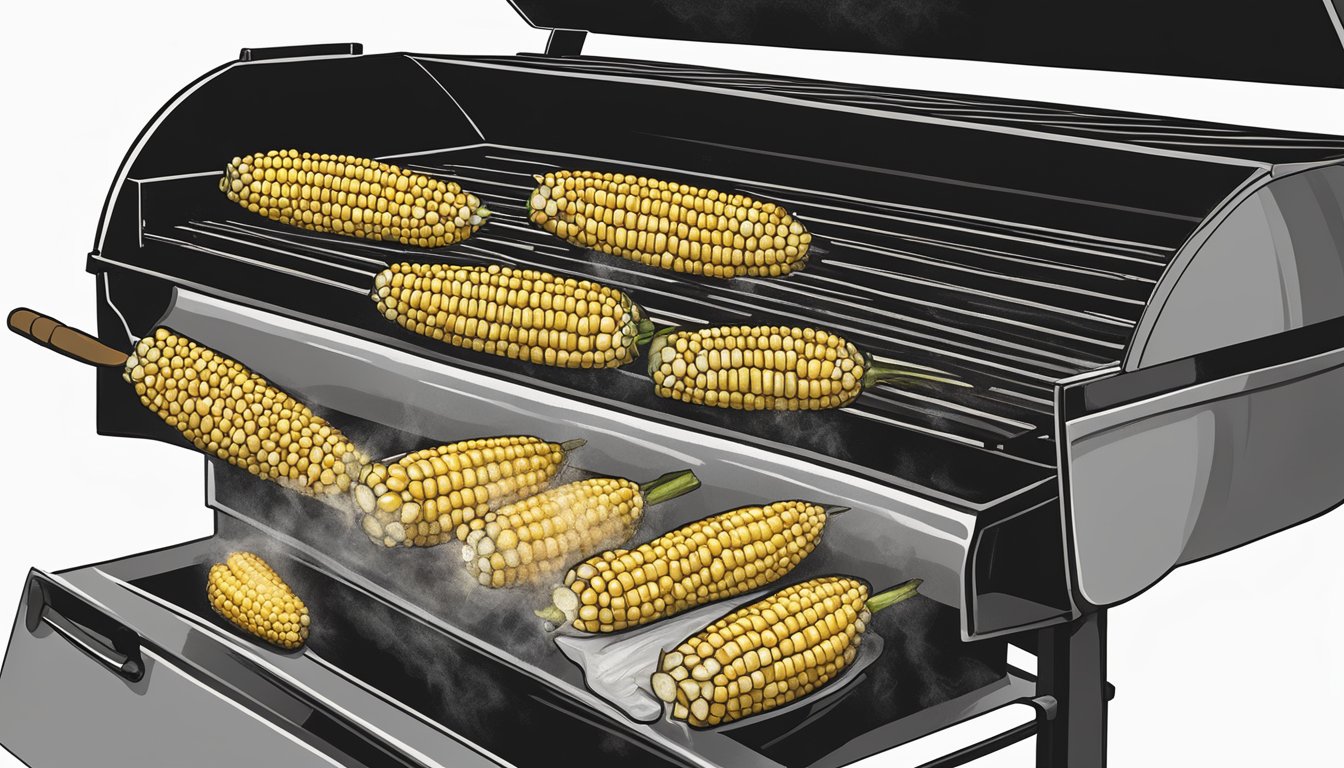 Fresh corn on the cob sizzling on a Traeger grill at 400 degrees, with wisps of smoke rising and the kernels starting to caramelize