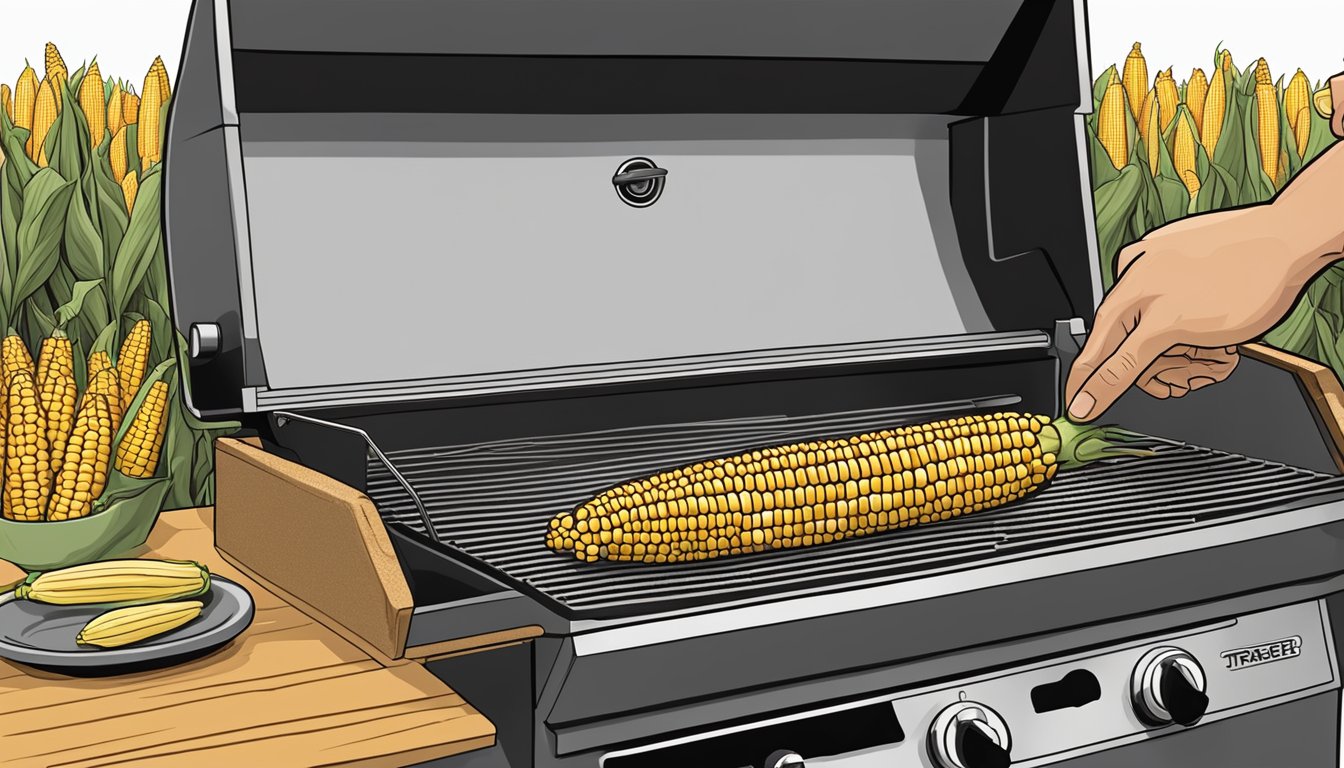 A hand placing fresh corn on the cob onto a Traeger grill set at 400 degrees