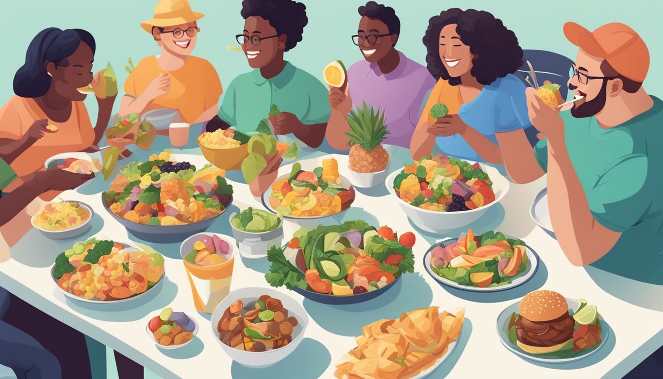 A diverse group of people happily eating a variety of foods together, breaking the stereotype of body type diets