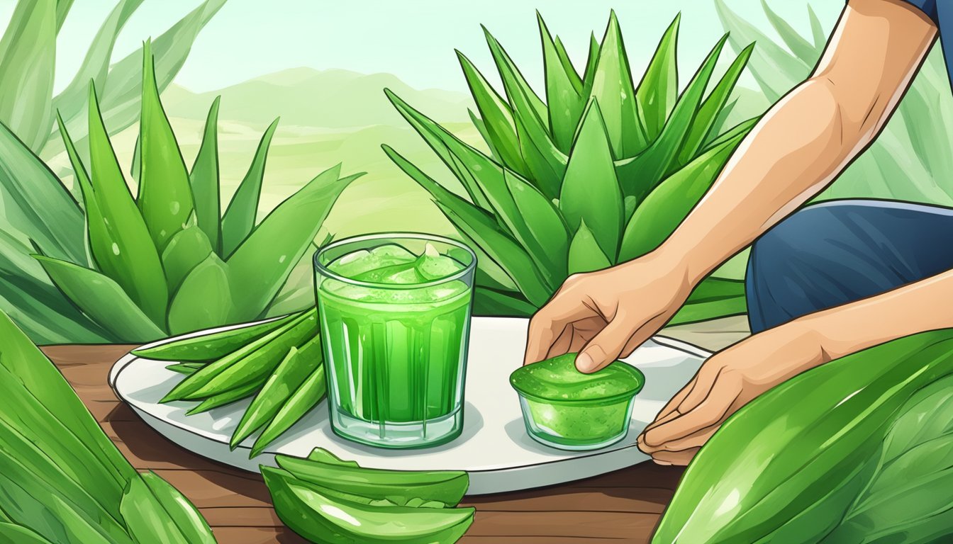 Aloe vera leaves being harvested and juiced, with a glass of aloe vera juice surrounded by vibrant green leaves