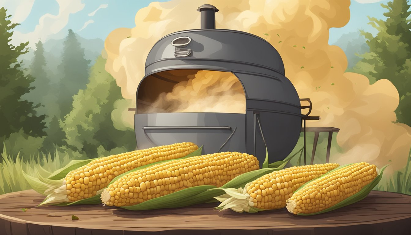 Fresh corn on the cob placed in a smoker, surrounded by hickory wood chips, with smoke billowing out of the top