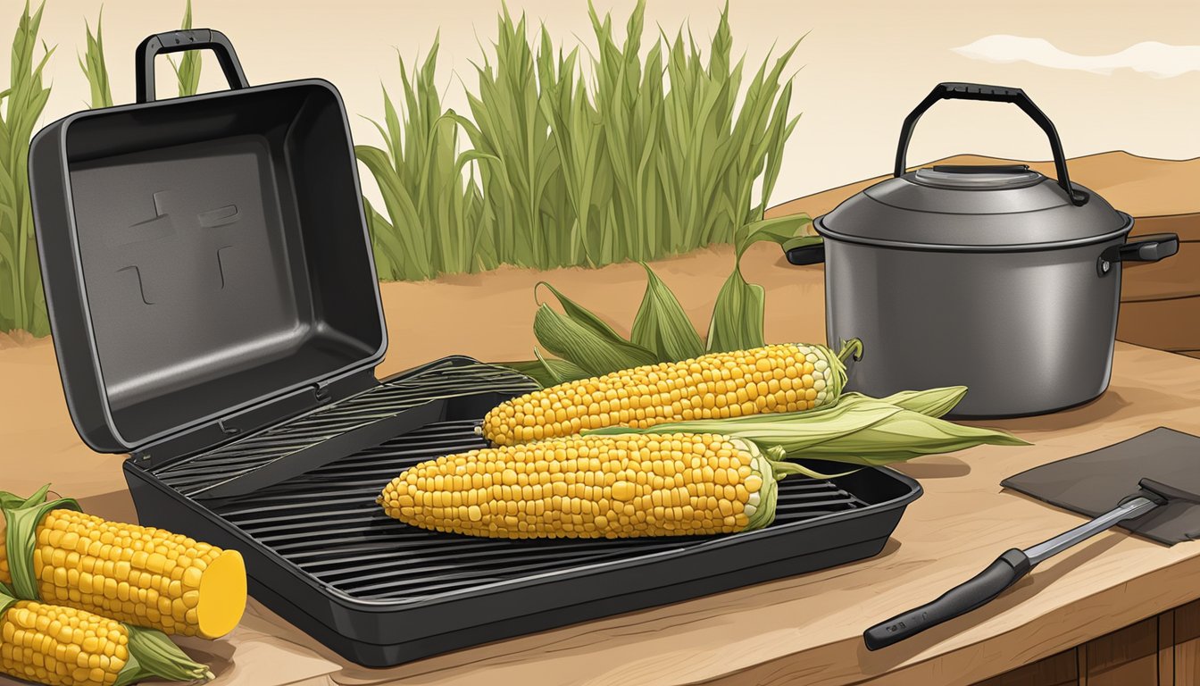 A corn on the cob is placed on the Traeger grill set at 400 degrees, with a grill brush and gloves nearby for safety