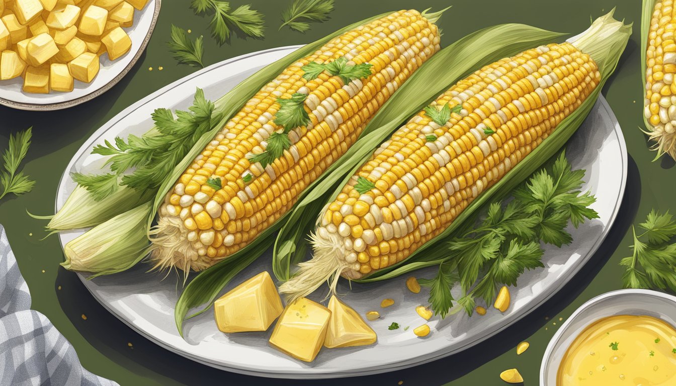 A platter with two perfectly grilled corn on the cob, garnished with a sprinkle of herbs and a side of melted butter