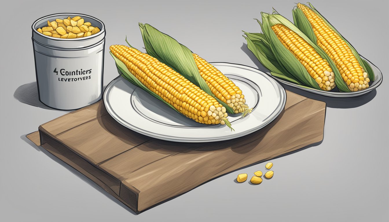 A single corn on the cob sitting on a plate next to a container labeled "Leftovers" and a storage container marked "400."